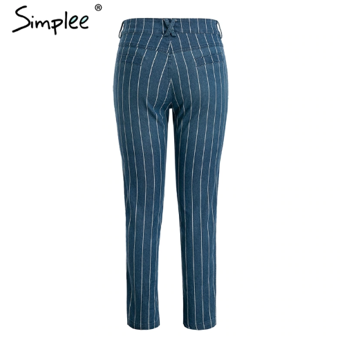 Casual stripe blue jeans women pants, zipper pocket denim pants, autumn trousers, high waist pants