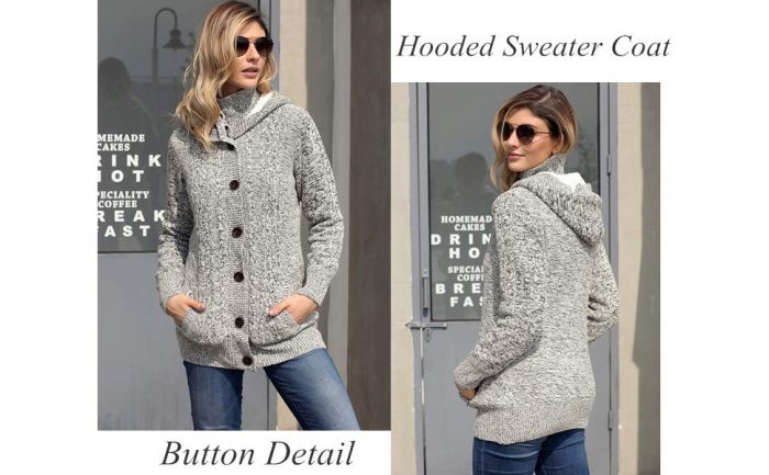 Women Hooded Knit Cardigans Button Cable Sweater Coat